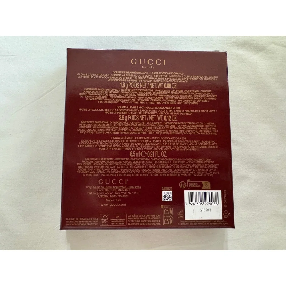 Gucci Beauty Rosso Ancora 509 Lip Set Matte Liquid +Glow Lipstick 3 Piece Box